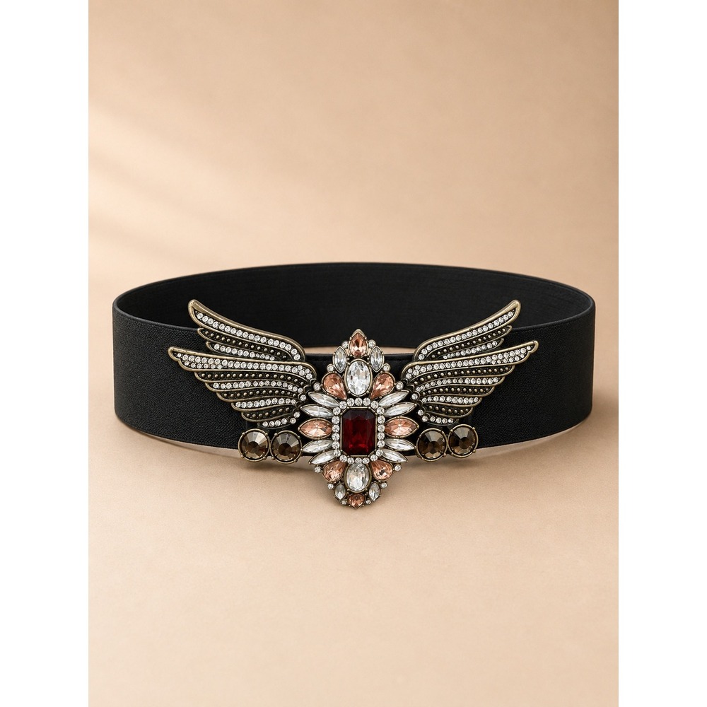 Vintage Women Cinch Belt One Size Black Wing Buckle Rhinestone Red Gem Elastic